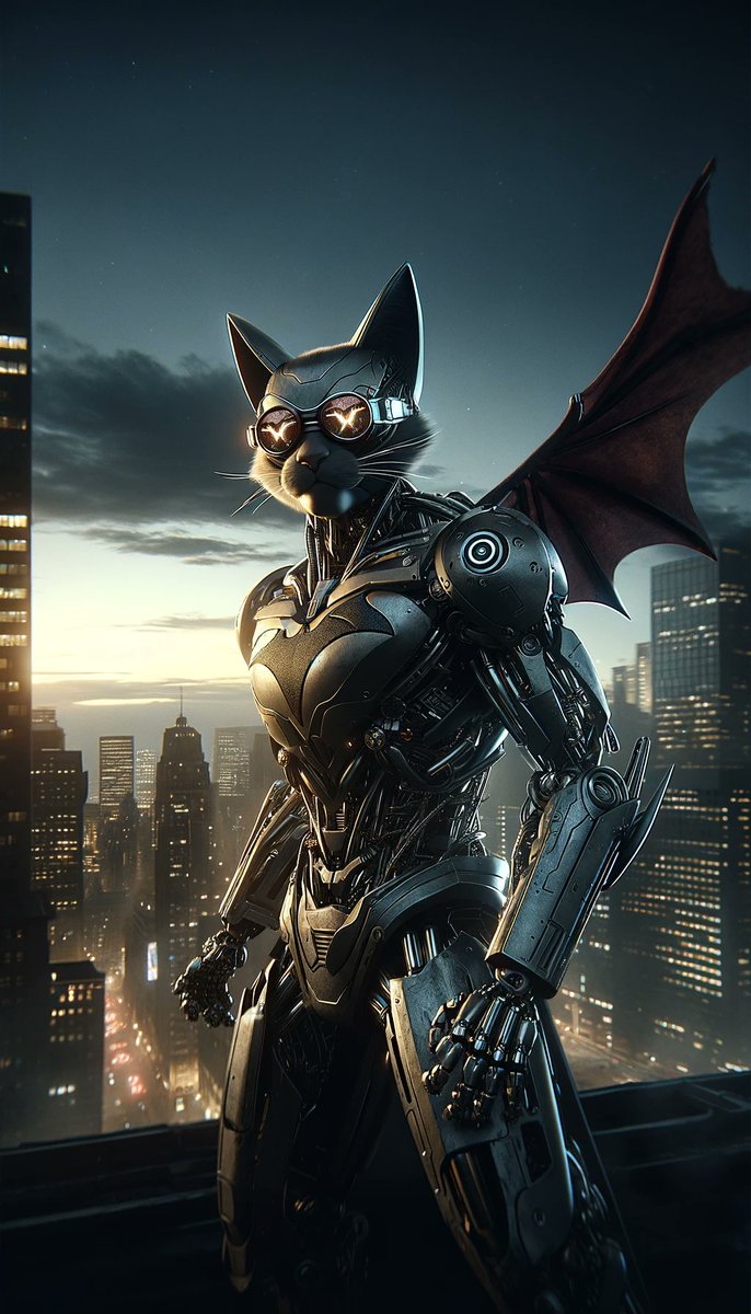 In twilight shadows, Angry Cat, the mechanical guardian, watches with eyes shielded by shades. A hero with a heart of steel, a legend of the night.