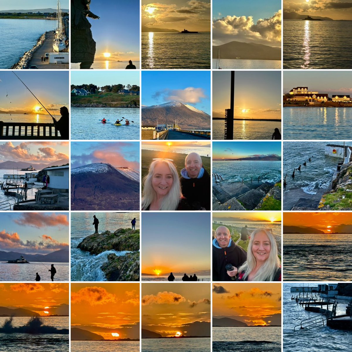 Photo collage of #Fenit going through #bluesky stage, warm #sunshine no wind, early yellow #sunset ending with first orange sunset of the year #Tralee #noplacelikehome #lovetralee #wildatlanticway