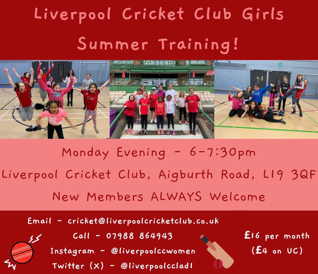 Summer is coming! Why not come and join @liverpoolcclad1 Details of summer training sessions for our ladies teams & girls below. New members of all ages always welcome with no experience needed 🍒