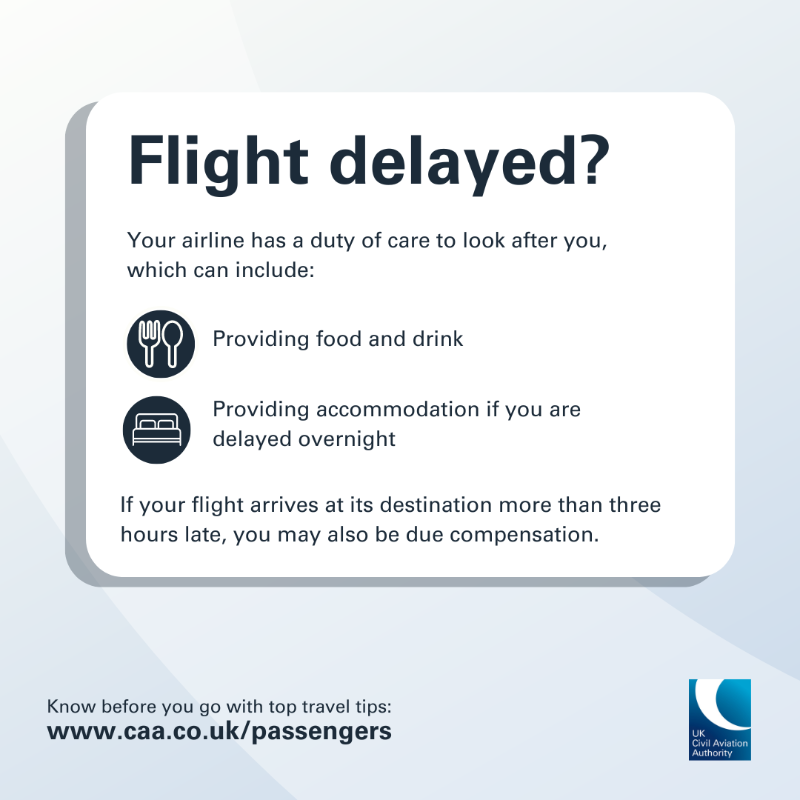 UK_CAA's tweet photo. An IT systems outage could mean wait times are longer than usual at airports. 

If you are impacted, you have passenger rights if your flight is delayed or cancelled 👇