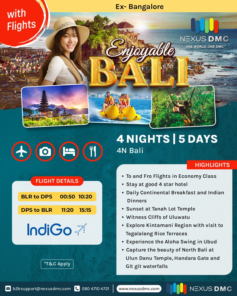 NexusDmc's tweet photo. Let your clients Immerse themself in Bali's magic! Our 5-day escape has all from flight bookings to sightseeing at Git Git waterfalls and relaxation by the beach. With included breakfast and dinner.
https://t.co/ZAgVIVZUwG
#NexusDMC #B2bExeclusive #TravelAgent https://t.co/VXKC4CgDoK
