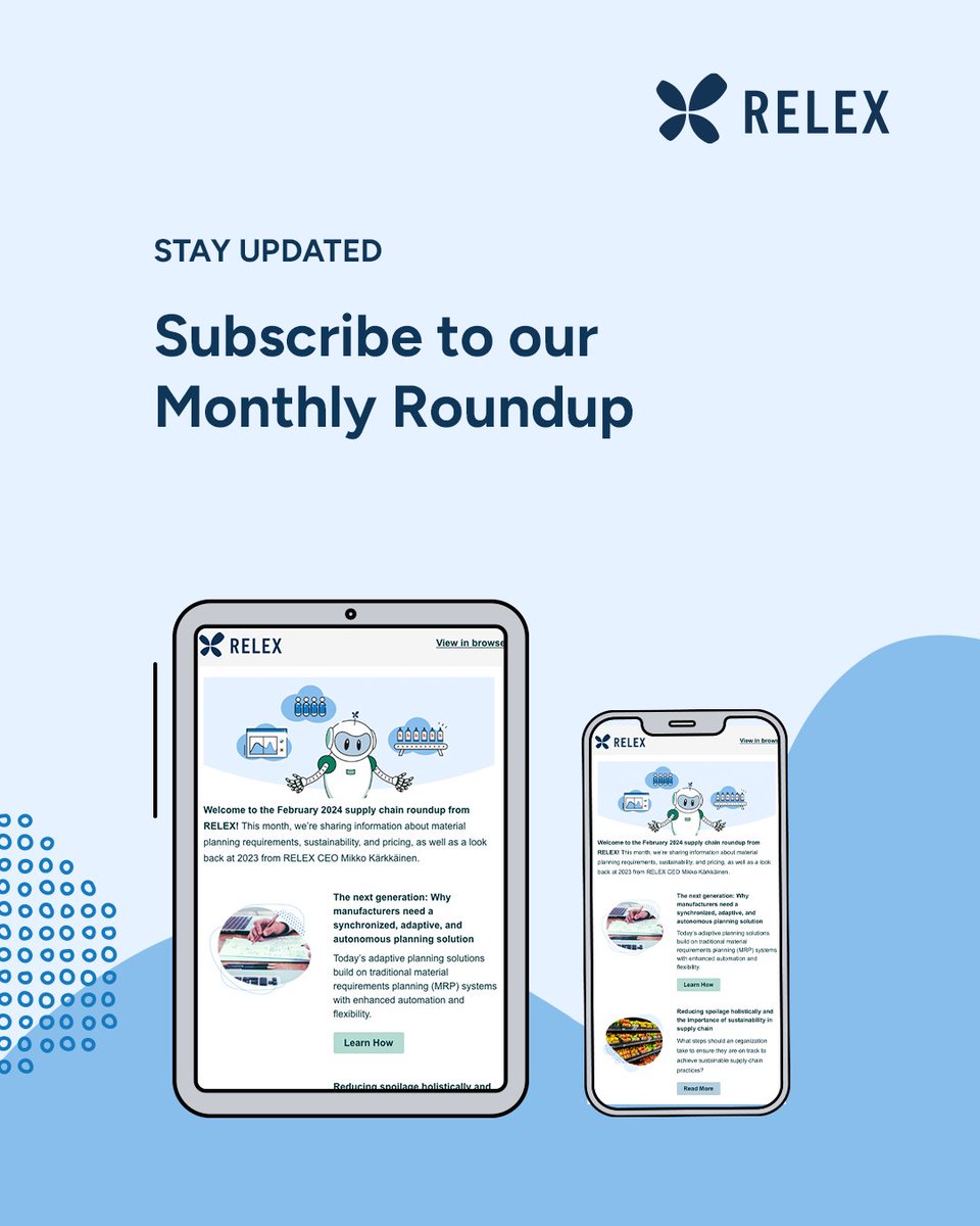 📰 Did you know RELEX offers a monthly content roundup of retail and supply chain topics? Once a month, we'll send you a curated list of valuable resources - straight to your inbox. Sign up now! 📧 hub.relexsolutions.com/subscribe-mont… #retail #supplychain