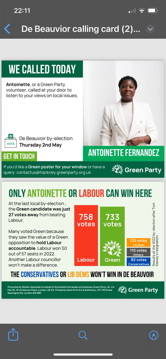 Lets turn #DeBeauvoir 💚 @Eco_Ty got us just 27 votes shy of win last time. Hackney people & @hackneygreens we can do this💚