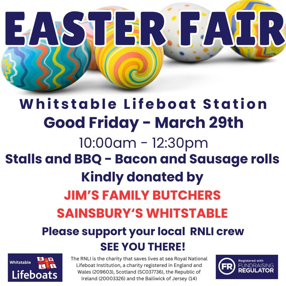 Today is the day - Whitstable RNLI Easter Fair takes place this morning between 10.00 and 12.30 and there's a breakfast BBQ to further tempt you! Thanks to Jim's Family Butchers and Sainsbury's in Whitstable for their support. #RNLI200 #SavingLivesAtSea #FloatToLive #whitstable