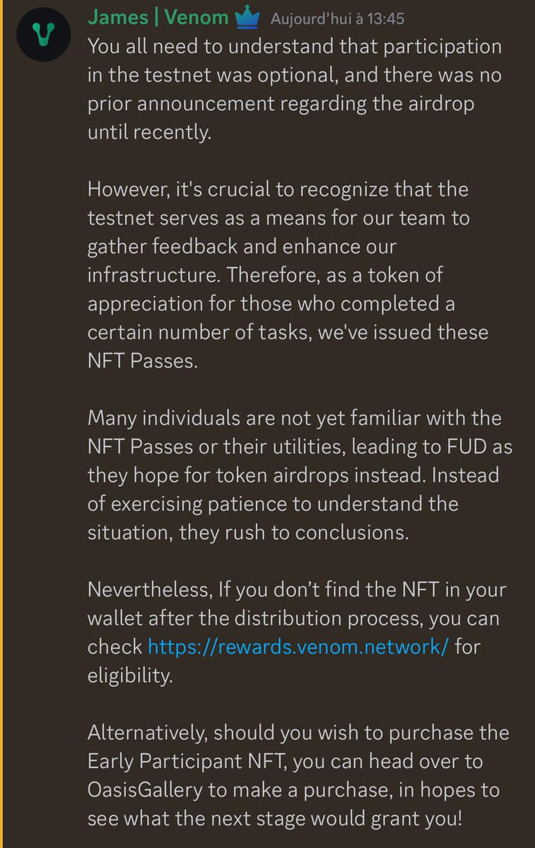 #VenomScam

They gave you nothing for the time you spend on their project,

Just an NFT that, based on this message, don’t even have any utility 

And yet, ask you to be grateful for it because your help was “optional”

#Venom #Scam #Airdrop