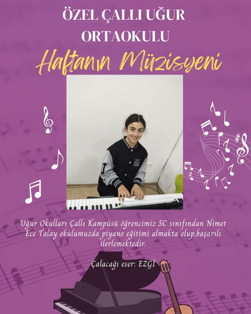 UOCalli's tweet photo. ORTAOKUL KADEMESİ HAFTANIN MÜZİSYENİ NİMET ECE TALAY🎹
#HaftanınMüzisyeni etkinliğimizde bu hafta Ortaokul kademesi öğrencimiz Nimet Ece TALAY bizlere mini konserinde “Ezgi”eserini çaldı.🎹 Sevgili öğrencimize müzik hayatında başarılar dileriz.🎶🎹 #UğurdaSanatVar #UTalent https://t.co/oKyNE7zV9e