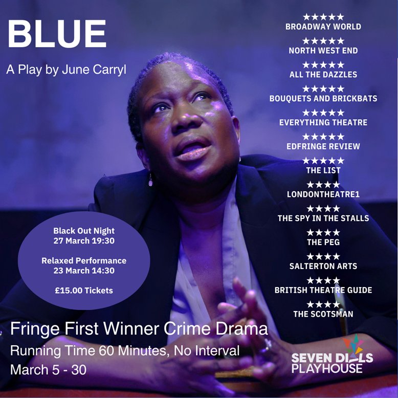 Blue. Until 30th Mar A nail-biting drama where the killing of an unarmed black man exposes the systemic abuse of the police forces in the United States. Written by #junecarryl sevendialsplayhouse.co.uk/shows/blue
