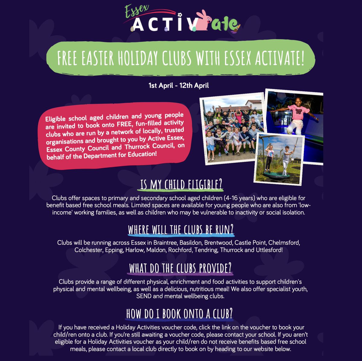 🆓 🐰FREE EASTER HOLIDAY CLUBS WITH ESSEX ACTIVATE! Eligible school aged children and young people are invited to book onto FREE, fun-filled activity clubs who are run by a network of locally, trusted organisations CLICK HERE > rebrand.ly/yt6jpmh