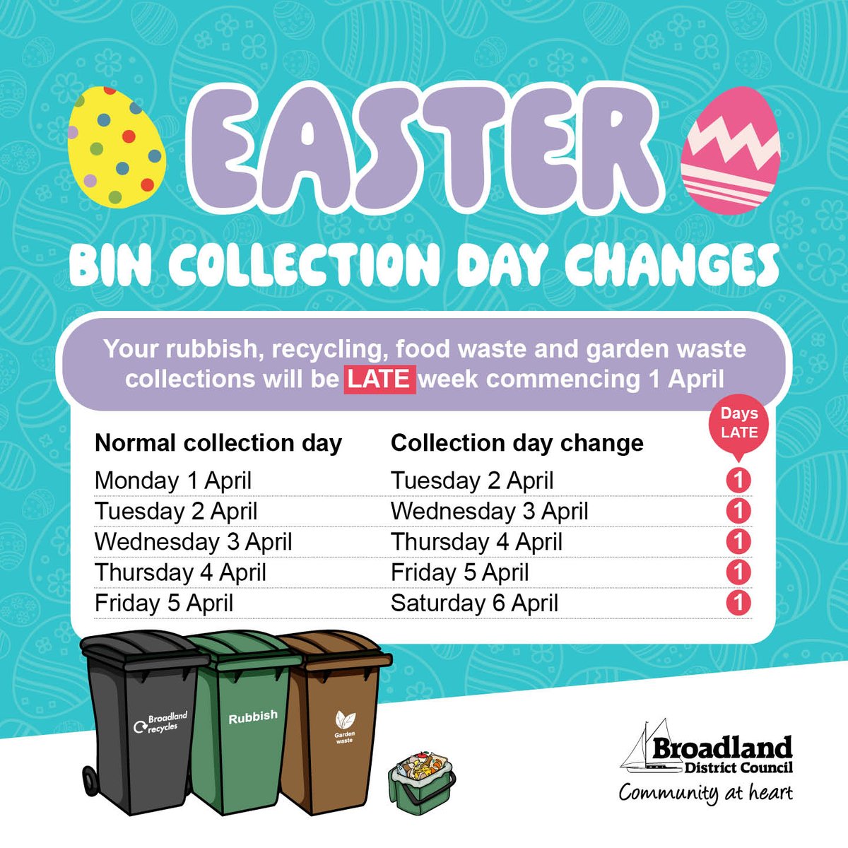 Rubbish, recycling, food waste and garden waste collections will be one day LATE next week. Please check the schedule for your collection day changes 👇 Keep up to date with your collections over the Easter period by downloading the Bin Collections app 👉 ow.ly/UkGh50QU6tV