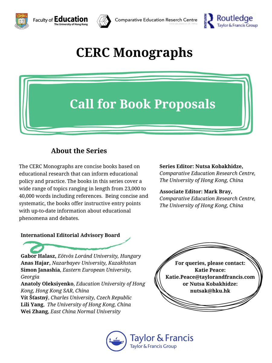Nutsako's tweet image. I now serve as the series editor for two book series published by #Routledge: 1. CERC series in Comparative Education, and 2. CERC Monograph series.

Should you have relevant book ideas, please contact me or @Katie_Peace_Ed.