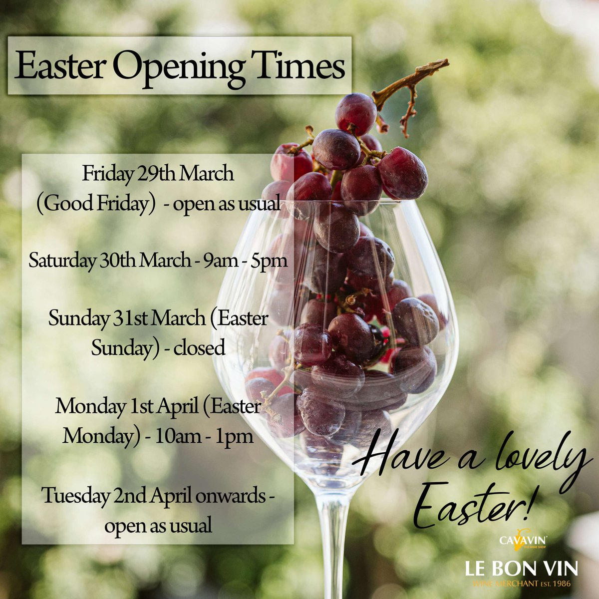 Good morning everyone! It's Easter weekend, so here's a reminder of our opening hours: 
Friday 29th March - open as usual
Saturday 30th March - 9am - 5pm
Sunday 31st March - closed
Monday 1st April - 10am - 1pm
Tuesday 2nd April onwards - open as usual