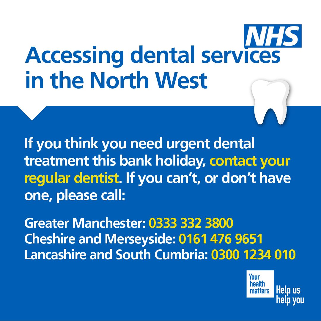 If you need urgent dental treatment over the Easter bank holiday, contact your usual dentist. If you cannot contact your dentist or don't have one, please call 0300 1234 010 for Lancashire services.