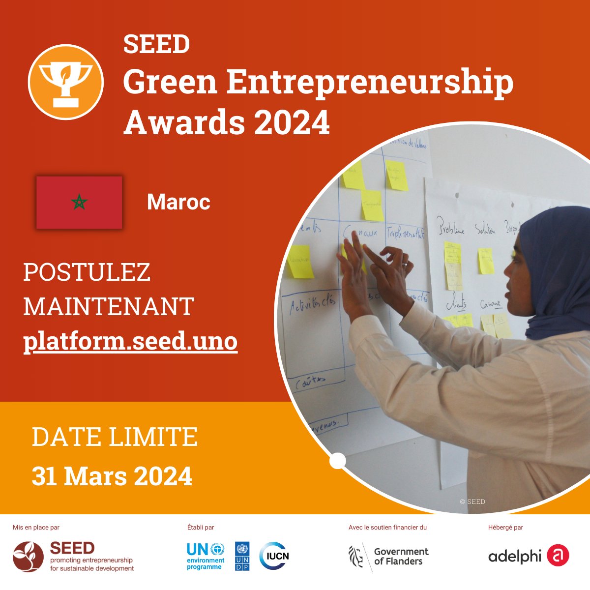 ⚠️ Il reste 2 JOURS aux entreprises pour postuler aux #GreenEntrepreneurshipAwards 2024 par SEED au #Maroc ⚠️ Postulez maintenant ➡️ platform.seed.uno Les SEED Awards au Maroc sont parrainés par le gouvernement Flamand