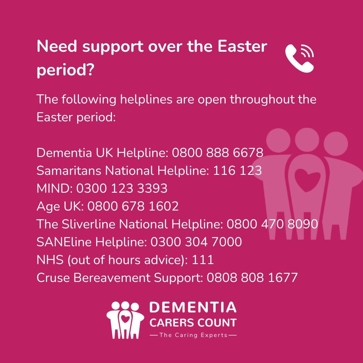 Our offices are closed over the Easter period, but if you need to talk, these services are open.