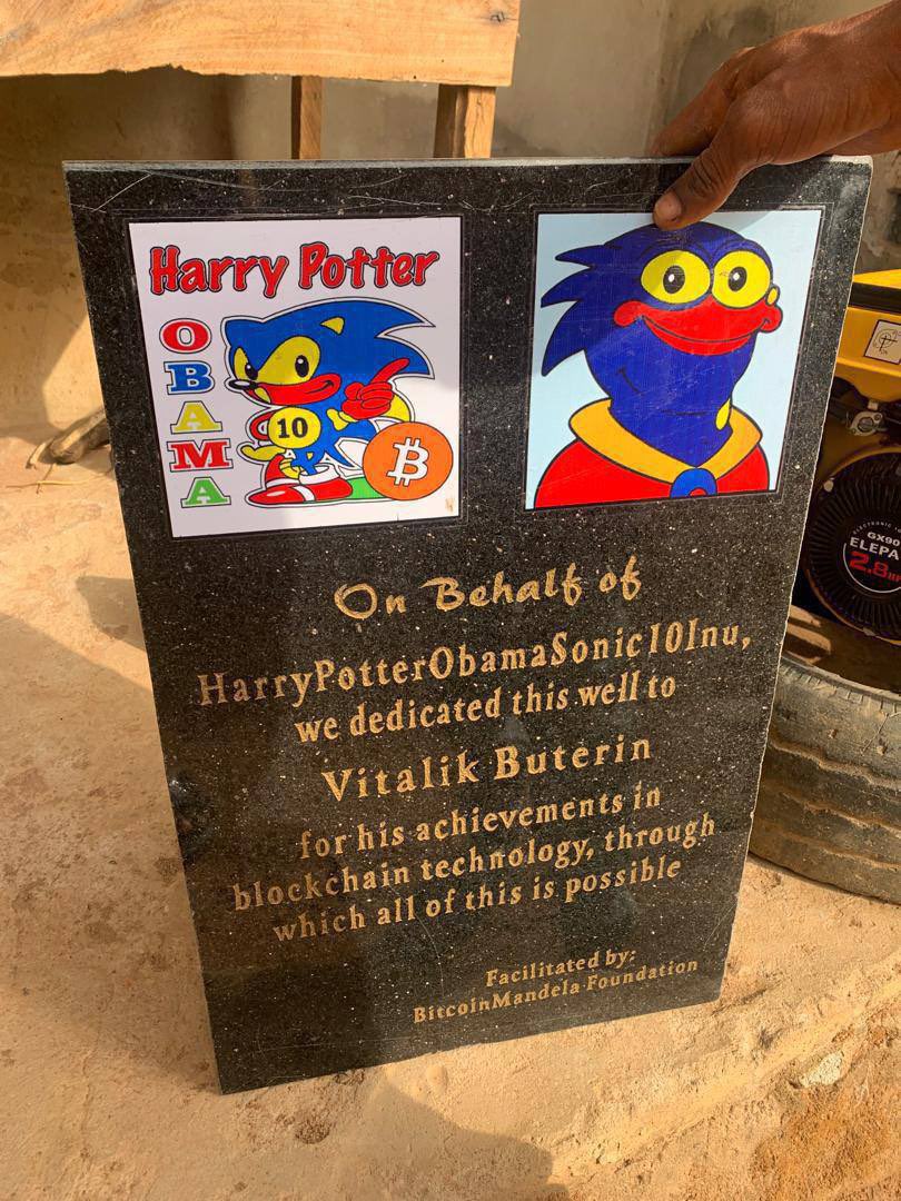 redkev's tweet photo. @VitalikButerin Charity coins just like harrypotterobamasonic10inu 

Hope you like the plaque the community donated for your amazing contributions to crypto

It is now at a well providing water to people of need in Nigeria https://t.co/rLFkRB5RMc