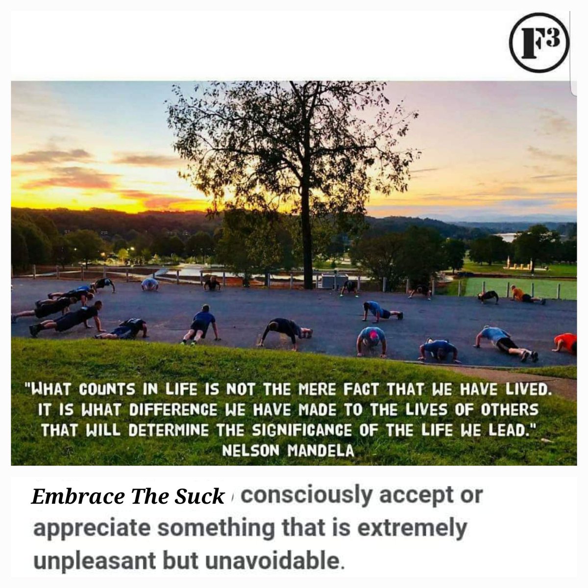 The 💥 💥 For Today @F3Nation 'If it's Endurable, then Endure It. Stop Complaining.' Marcus Aurelius The original 'Embrace the Suck.' Embracing the suck also allows you to confront the situation now so that it doesn’t seep into other parts of your life. When we’re always so…