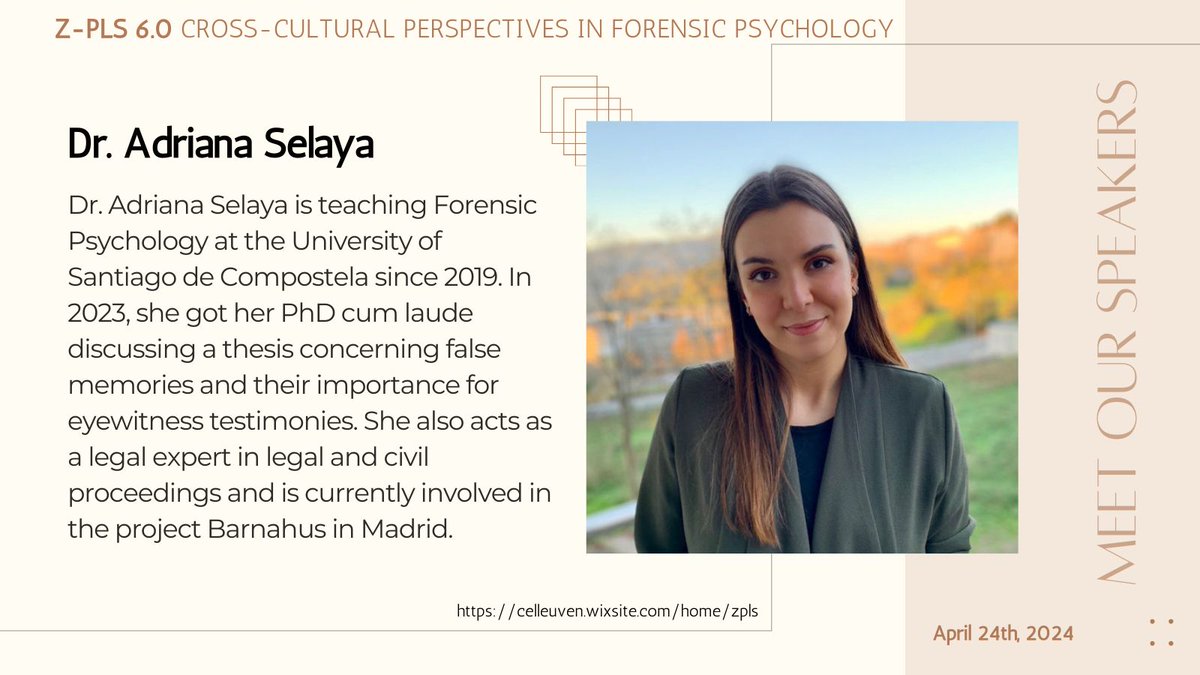 In less than a month, #ZPLS is happening! On April 24, forensic psychologists from different countries will talk about how education, practice and research with respect to forensic psychology is organized. For example, dr. Adriana Selaya will talk about forensic psych. in Spain👇
