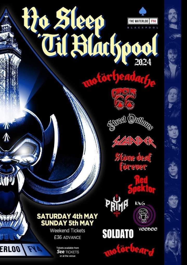 Motörhead weekender coming up, No Sleep Til Blackpool. Tickets selling fast! Street Outlaws play the Saturday night with Outlaws frontman Phil Powell on guitar duties with Motörheadache for a Lem/Fast Eddie/Philthy set ♠️♠️♠️