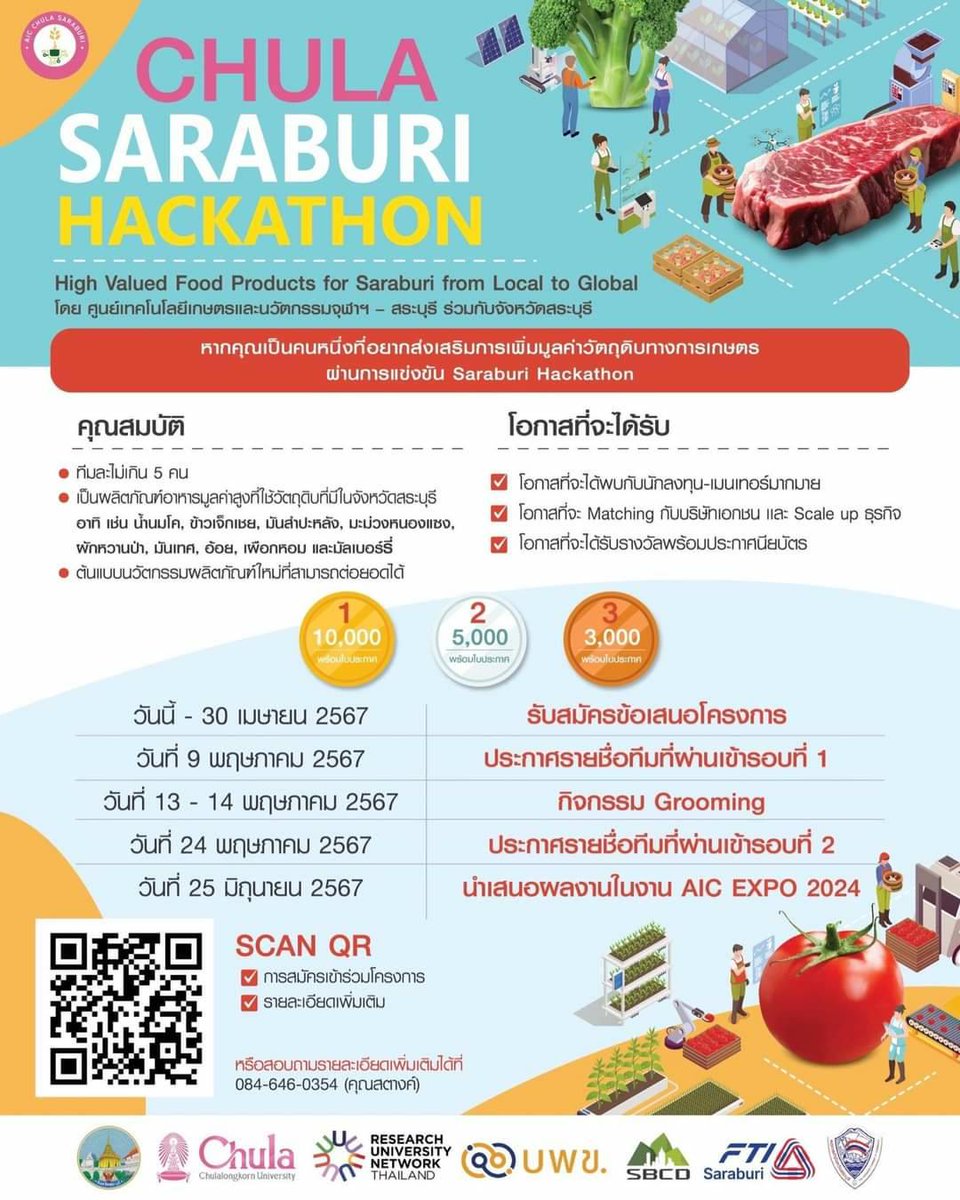 ด่วน! รับสมัครผู้เข้าร่วมแข่งขันในงาน Chula Saraburi Hackathon : 2024 🐮🥭 ยกระดับสินค้าเกษตรท้องถิ่นจากสระบุรี ต่อยอดสู่ผลิตภัณฑ์อาหารมูลค่าสูงระดับโลก ลุ้นเงินรางวัลสูงสุด 10,000 บาท และโอกาสต่อยอดธุรกิจ เปิดรับสมัครวันนี้ – 30 เม.ย 67 ทางเว็บไซต์ forms.gle/aSYQwtKdVbtGki…