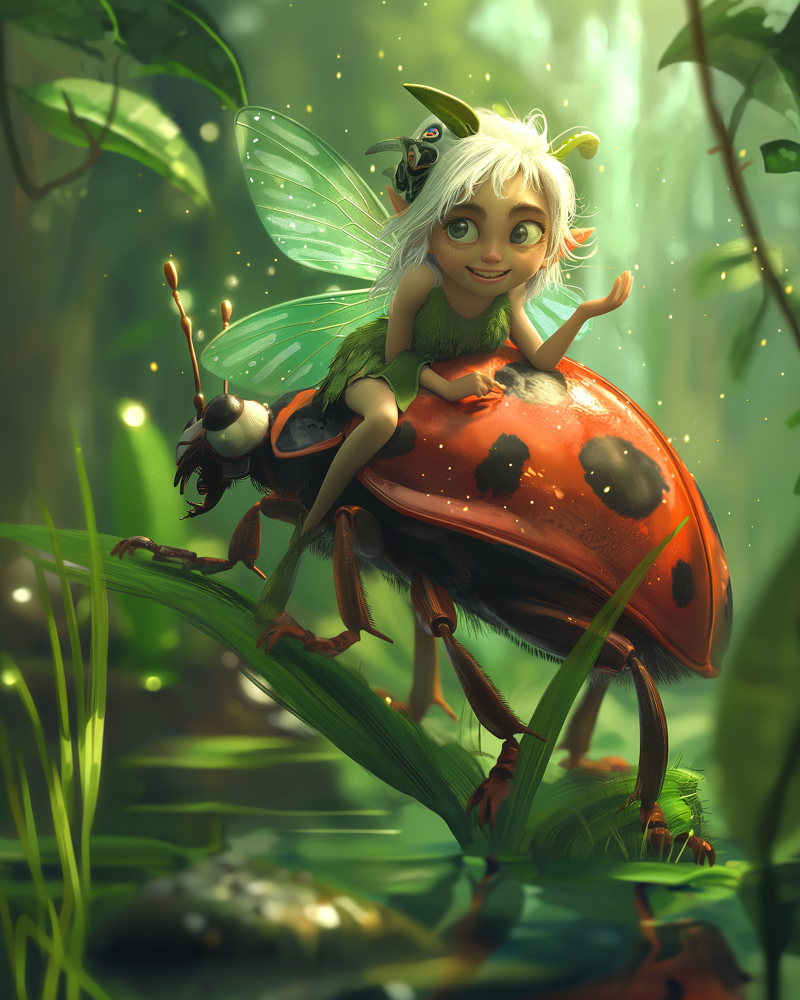 #Adventure #cutefairy #digitalillustration #enchantedforest #Fairy #fairytalecharacter #Fantasy #fantasyworld #forestadventure #glowingantennae #Greenery #insectride #Ladybug #magicalcreature #Mystical #Nature #Sunlight #vibrantcolors #whimsicalart

aifusionart.com/enchanted-jour…