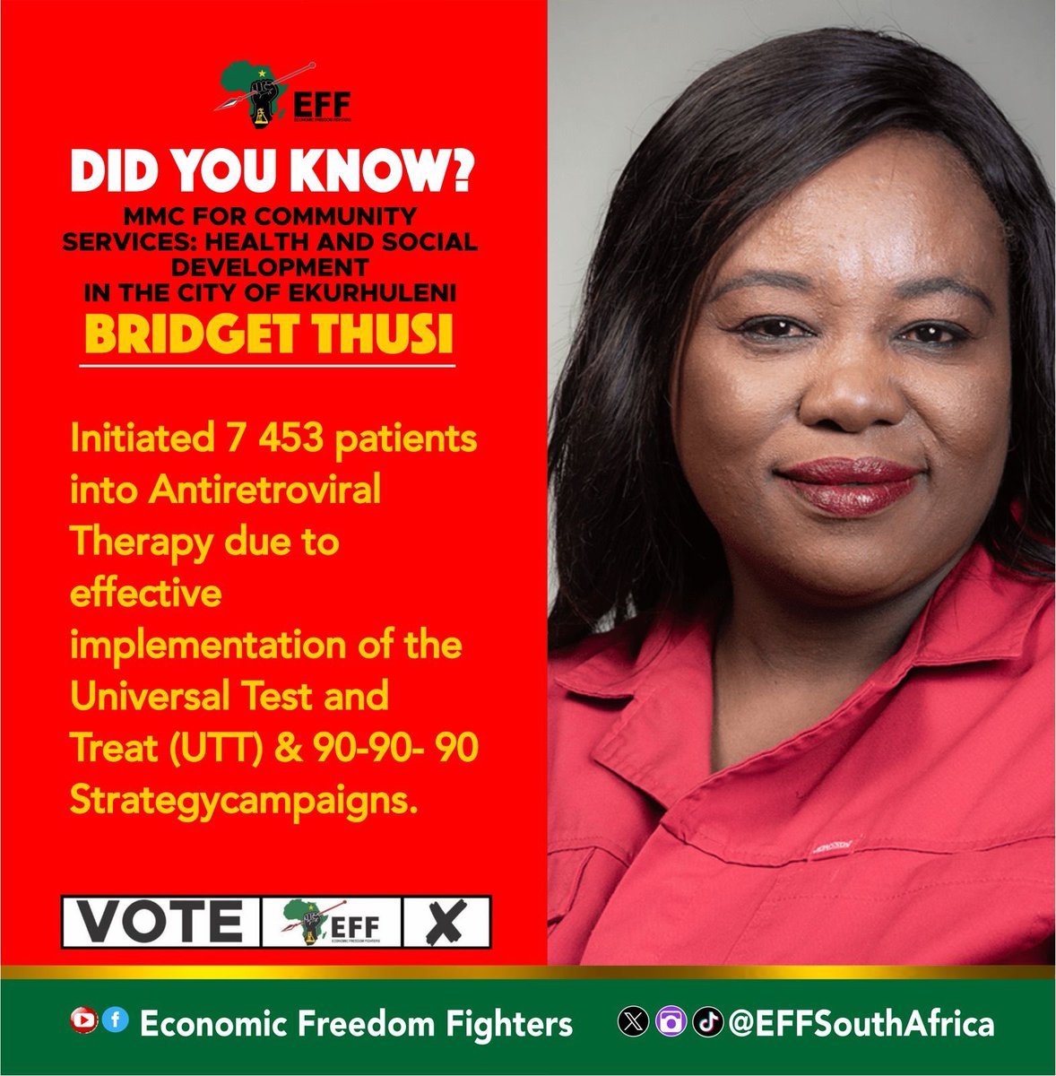 ♦️Did You Know♦️

MMC For Community Services: Health And Social Development In The City Of Ekurhuleni, Bridget Thusi, initiated 7 453 patients into Antiretroviral Therapy due to effective implementation of the Universal Test and Treat (UTT) & 90-90-90 Strategy campaigns.