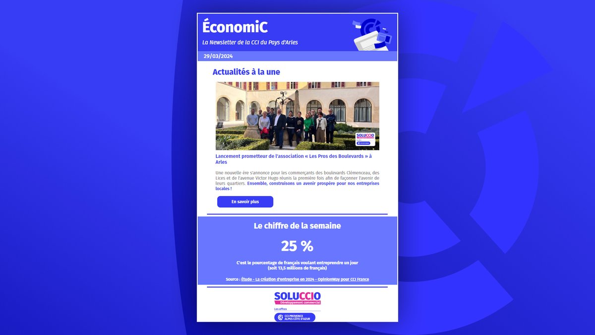[#ÉconomiC🗞]
👋 La #Newsletter de @ccipaysarles est dispo !
📄 swll.to/bUWDNRb

📨 Vs souhaitez la recevoir ? Abonnez-vs !
✅ swll.to/0tVaxi

#VendrediLecture #Actu #ChiffreDeLaSemaine #Solution #Soluccio #Formation #CCIFormation #Agenda

<a href="/ccifrance/">CCI France 🇫🇷🇪🇺</a> <a href="/cci_paca/">CCI Provence-Alpes-Côte d'Azur</a>