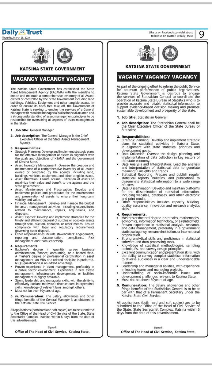 JOB OPPORTUNITY IN KATSINA STATE GOVERNMENT The Katsina State Government is currently seeking qualified candidates for the esteemed positions of Chief Executive Officer of the recently established State Assets Management Agency and Statistician General of the State Bureau of