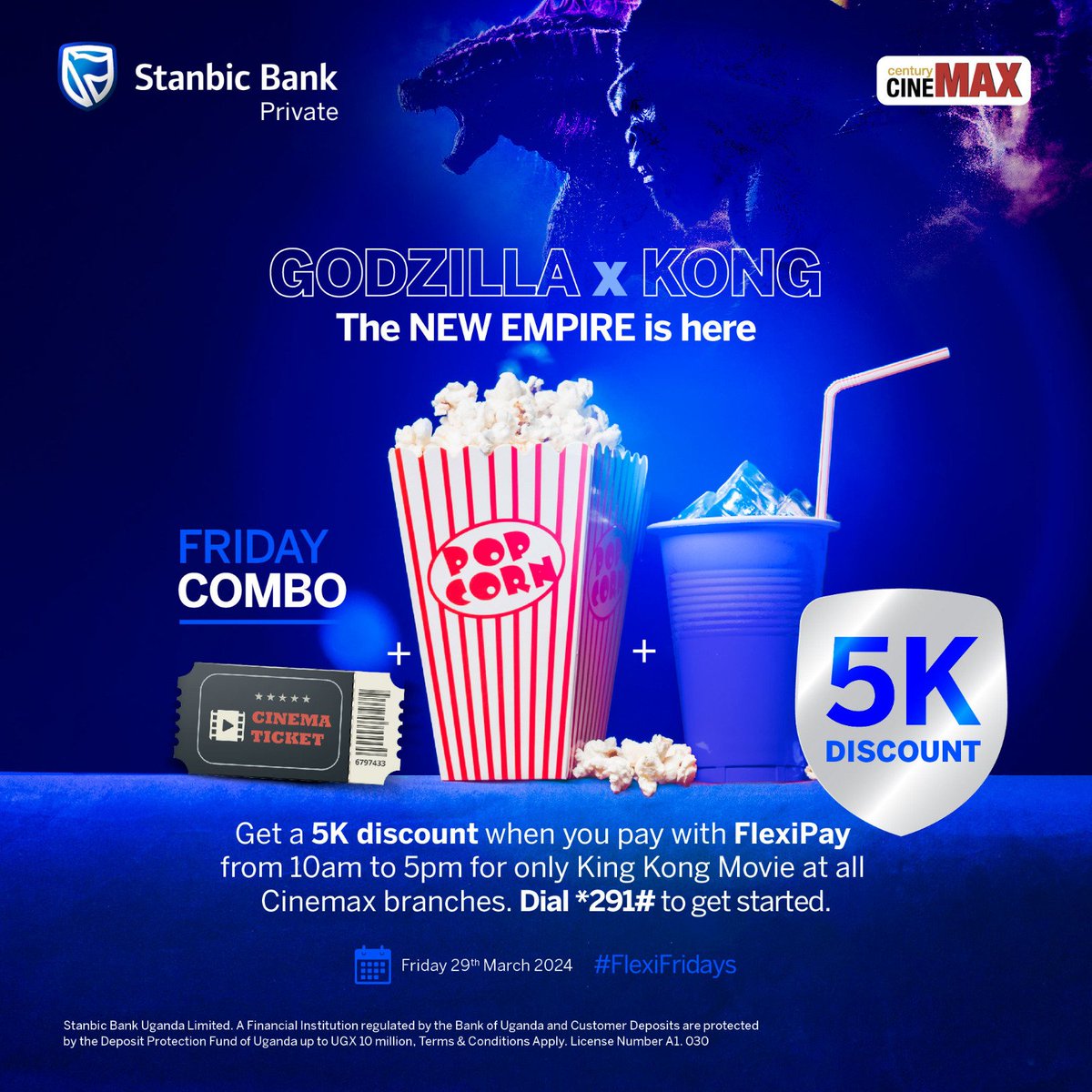 Experience the premiere of 'Godzilla x Kong: The New Empire' today at all @cinemaxug branches, powered by @stanbicug. Grab the 'Friday Combo' deal and save up to 5K through FlexiPay. Join us for #FlexiFridays