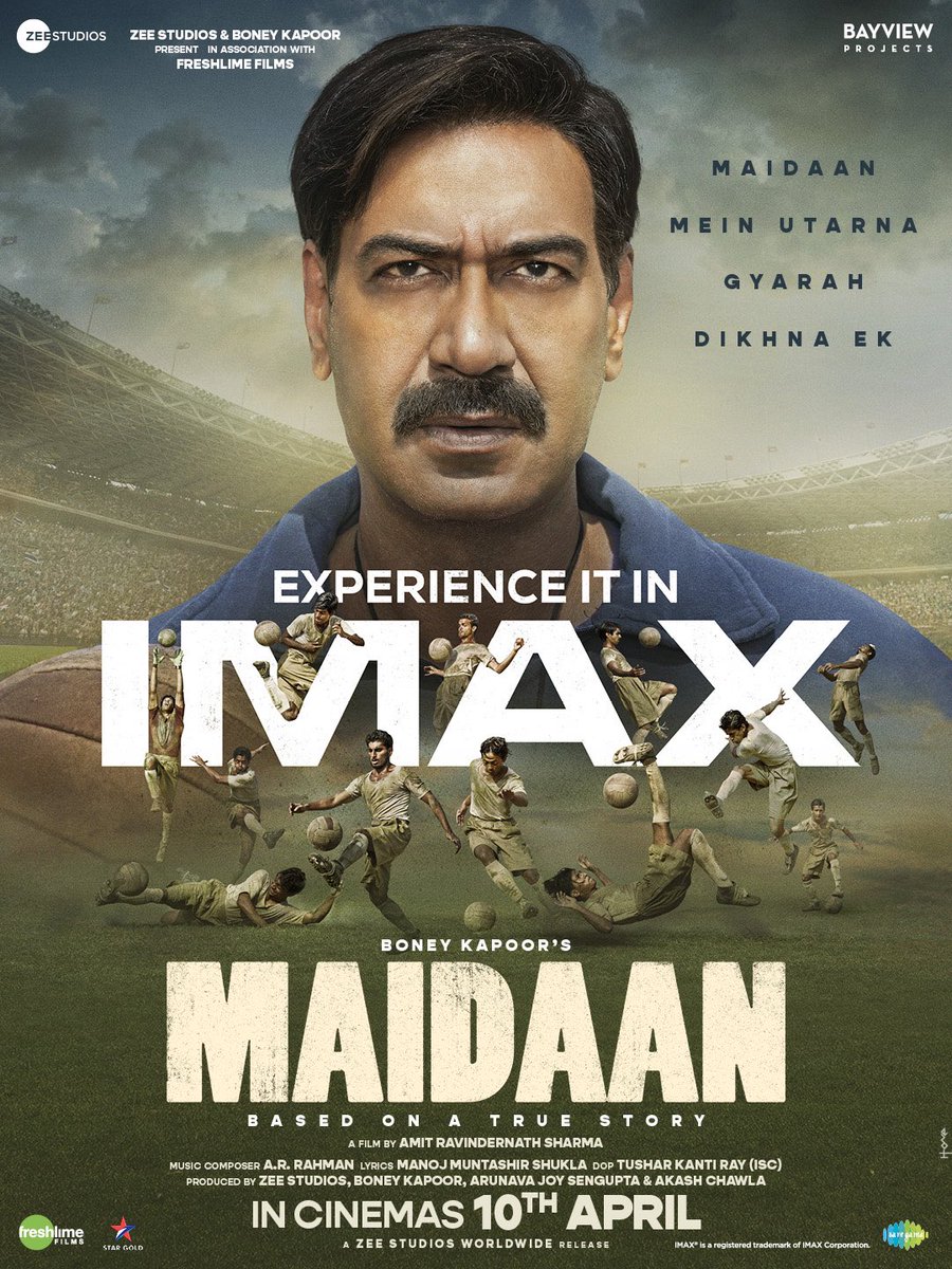 An epic story, on an epic format! Experience the glory of #Maidaan in #IMAX cinemas on April 10 🇮🇳⚽️ #MaidaanInIMAX #PriyamaniRaj @raogajraj @BoneyKapoor @ZeeStudios_ @iAmitRSharma @arrahman @manojmuntashir @BayViewProjOffl @freshlimefilms @akash77 @saregamaglobal @imaxindia