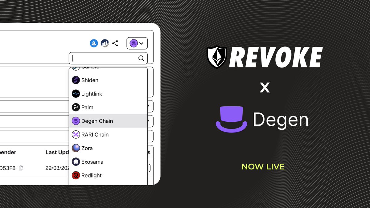 🎉 Degen Chain Support 🎉 Farcaster community token @degentokenbase just launched a new L3 network and we're happy to announce that it is supported on Revoke from day 1. Stay safe across all networks you use 🫡