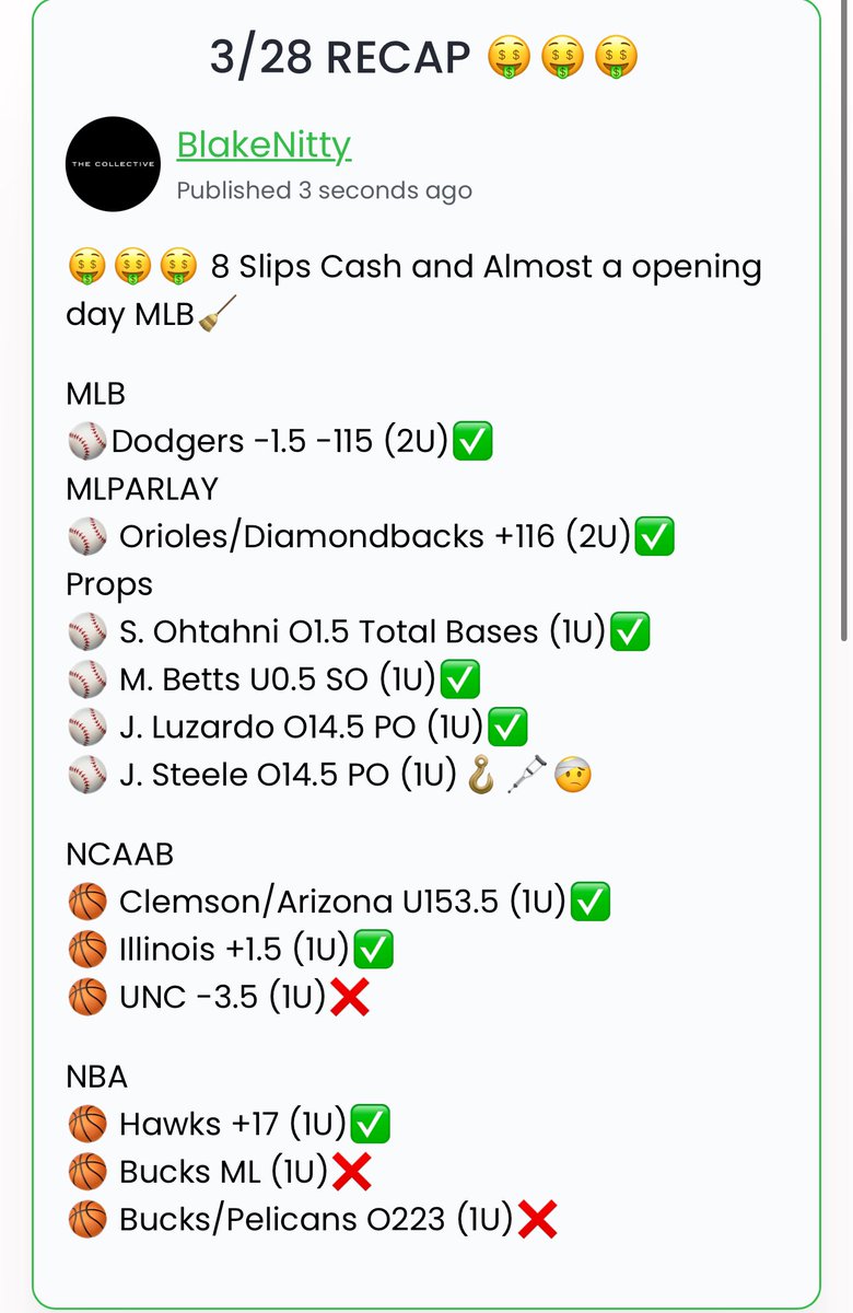 LETS GO!!!

🤑🤑🤑
8-4 on the day… We almost 🧹🧹🧹#MLB Opening Day.. 

WHAT ARE YOU WAITING FOR.!!! JOIN NOW⬇️⬇️⬇️⬇️

🆓➡️dubclub.win/r/BlakeNitty/

#GAMBLINGX #DubClub #GamblingCommunity #GamblingTwitter #POTD #DFS #NBA  #PrizePicks #MLBCentral #NCAAB