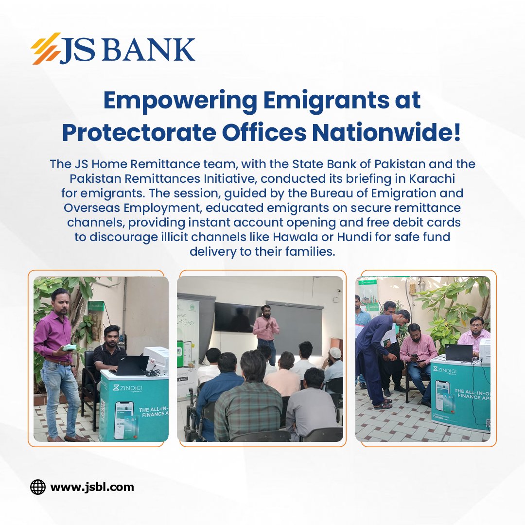 Collaborating with @StateBank_Pak, the Pakistan Remittances Initiative, and the Bureau of Emigration And Overseas Employment, the JS Home Remittance team hosted its briefing session in Karachi. #JSBank #BarhnaHaiAagey #JSHomeRemittance #SBP @OfficialZindigi
