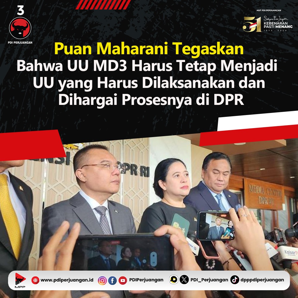 PDI_Perjuangan's tweet photo. Sesuai dengan amanat Undang-undang tentang MPR, DPR, DPD, dan DPRD (UU MD3), Puan Maharani Tegaskan Partai Pemenang pemilu Legislatif berhak dapatkan kursi ketua DPR.

Puan Maharani Tegaskan PDI Perjuangan hargai bahwa MD3 itu harus tetap menjadi UU yang memang harus dilaksanakan dan dihargai prosesnya di DPR.

#PDIPerjuangan
#M3nangkanRakyat
#KebenaranPastiMenang
#SatyamEvaJayate