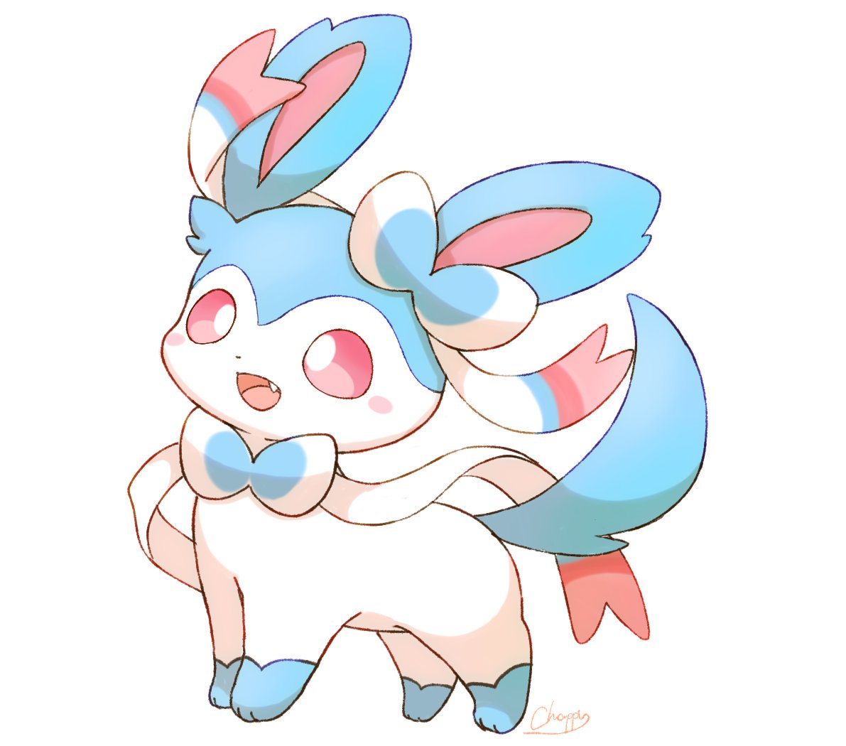 sylveon solo smile open mouth simple background white background red eyes bow  illustration images