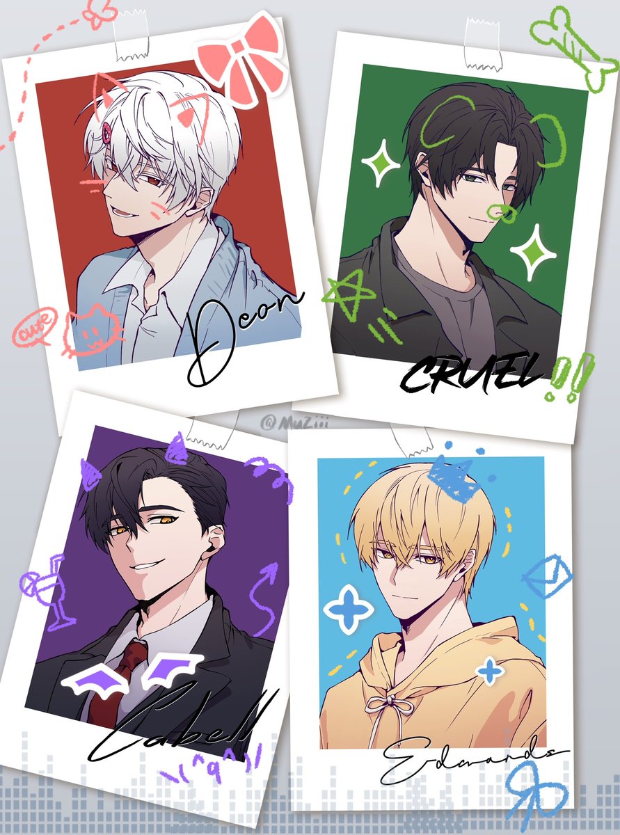 #저그인 愚人节快到啦，画一下^^寻找符合大家性格字体的过程好有意思，这四个签名包含了我对角色的理解~不过小卡的名字是用翻译机，小爱的名字用的最常见的爱德华的翻译，不知道对不对