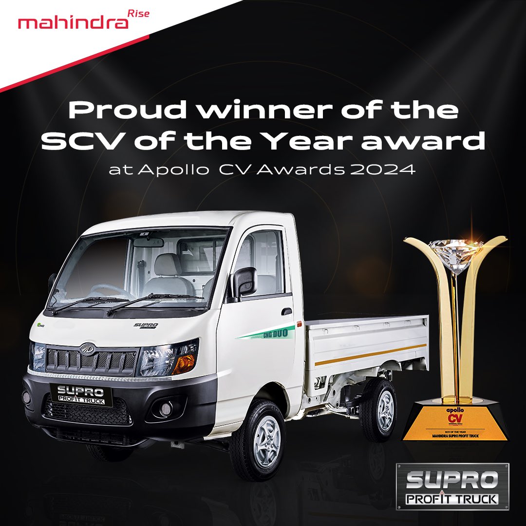 We're elated to announce that Mahindra Supro Profittruck CNG DUO has been crowned 'SCV of the Year' at the esteemed Apollo Tyres Commercial Vehicle Awards! #MahindraRise #APOLLOCVAWARDS2024