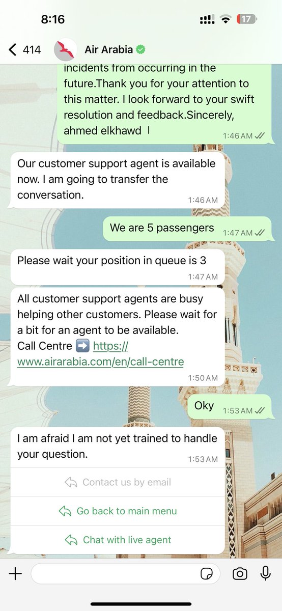 a7medcist's tweet photo. طيران العربيه @airarabiagroup  بتاريخ اليوم ٢٩/٣/٢٠٢٤ 
الرحلة رقم G91804 متجه الي الشارقه من مطار جده  الساعه 2:05 am
شي موسف لمن تمنع من انك تاخد boarding pass  و انت واصل الساعه 1:12  دقيقه 
بحجة انك متاخر في حين التاخير بسبب انو الواحد منتظر من الساعه ��٢ ص في صاله المغادرة الشماليه اذا يتفاجأ قبل ساعه من الاقلاع انو لا طيران العربيه المتجهه الي الشارقه من صالة الحج و ليس صاله الشماليه ! 

الفرق بين الصالتين اقل تكسي ياخدك بي ١٠٠ ريال سعودي و اقل زمن تصل في ١٠ دقايق 

دا كلو ما مشكله المشكلة الموظف يرفض بسبب تاخير ! اي تاخير ؟! 

قلنا اوك وين مكتب العربيه في الصاله ؟ 
قال ترجعو الصاله الشماليه لانو ماف مكتب لطيران العربيه في صاله الحج ! 

طلبنا منهم انو يعطونا شهاده بالواقعه او ريبورت عشان نقدر نحفظ حقنا 
قال ما عندهم شي 
طلعنا مكتب مدير الصاله حاول معهم علي الساعه ١:٤٠ ، اتواصل معهم قال اوك بلحقنا الطياره طال م�� ما عندنا وزن و لا شنط شحن ! 
طلع موظف @airarabiagroup  هو الرافض 

مدير الصاله قال اوك اقطعو تذكره في رحلة العربيه علي الساعه ٤ ص قلنا اوك 
كم سعر التذكره ؟ في الموقع ٤٥٠٠ درهم ! 
كم سعرها في الكاونتر عند نفس موظف العربيه و الموظفتين المعاها ١٤٠٠ درهم
قلنا اوك 
وقت الدفع قال الا كاش بطاقه ما ينفع ! 
يا ابن الناس نحن ما مقيمين في السعوديه نحن معتمرين فقط و ما معانا كاش دي البطاقه اشخط ! 
 رفض ! 

كل الفترة دي بنتواصل مع @airarabiagroup   في كل قنوات التواصل الخاص بيهم 
ماف رد لا علي مكالمات 
لا علي الايميل 
لا علي صفحتهم في توتير ! 
لا علي واتس اب حتى 

المهم
سافرو باي طيران غير العربيه 
استخدمو اي طيران غير العربيه
تجربه سيئه جداً 
عدم مهنيه 

حاليا في الدوحه ، قطعنا بالقطريه و حرفيا فرق التعامل من صاله المغادره في جده كان غير