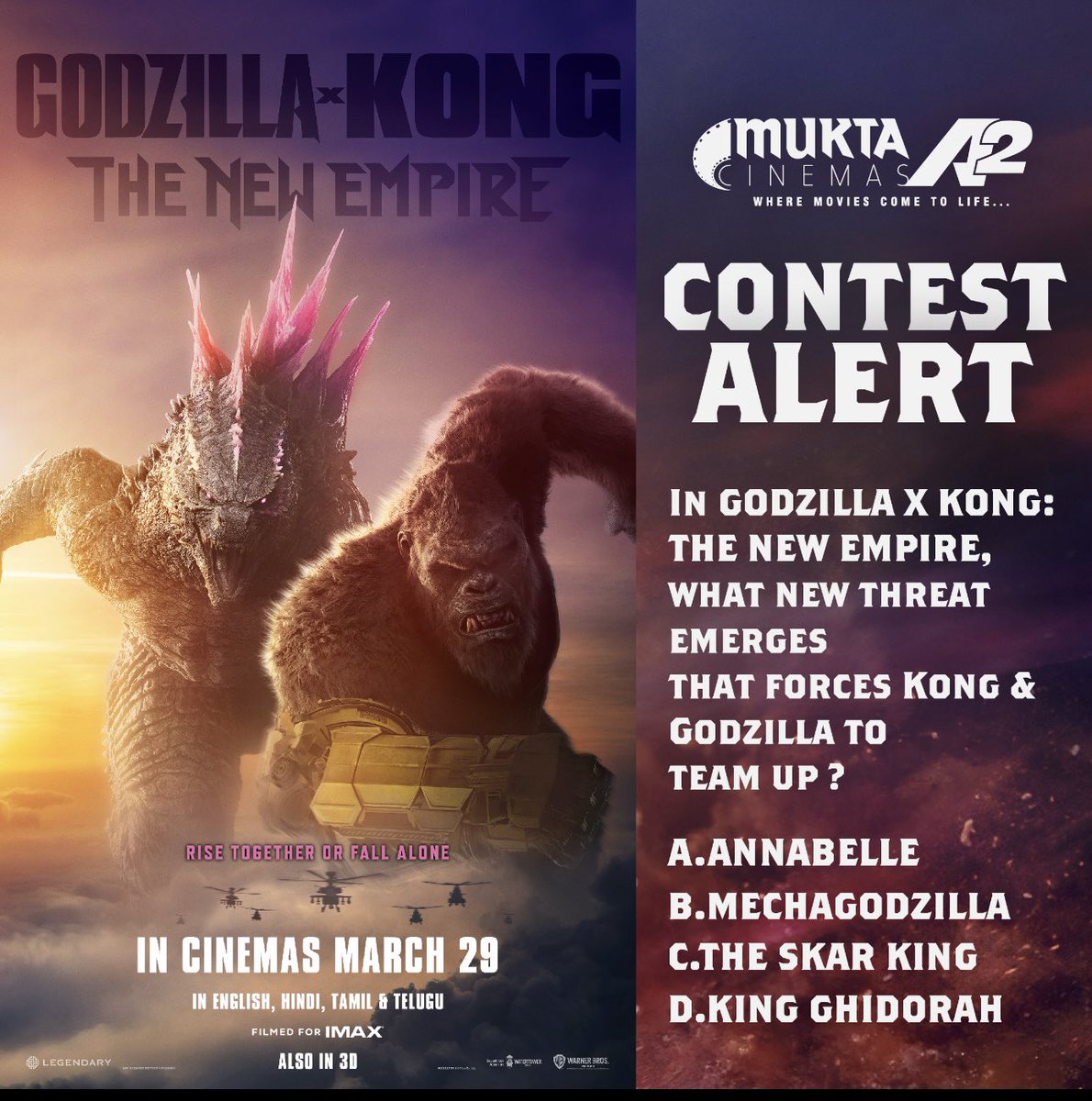 Here’s your chance to win official movie merchandise for #GodzillaXKongTheNewEmpire 1-Answer the question in the comment section. 2-Tag 5 friends to participate. 3- Follow @muktaa2cinemas #muktaa2cinemas #wheremoviescometolife #WarnerBrosIndia #contestalertindia…