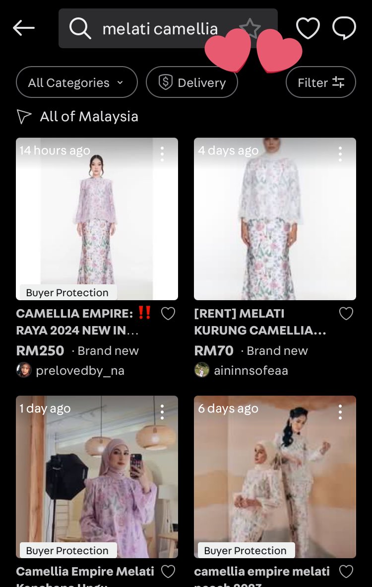 satu tips bila korg nk shopping kt Carousell is to be specific✨ instead of type ‘baju kurung’, type ‘nama brand’ eg : jannahnoe, qiszar lagi bagus, trus search nama baju tu! blh tgk kt bwh beza bila kita search nama brand vs nama baju