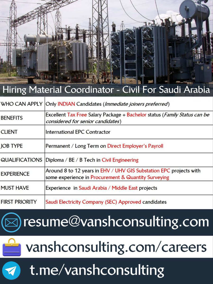 #Hiring #Indian candidates - #Material Coordinator - #Civil for #Substation projects in #SaudiArabia 

#India #Indians #substations #saudi #saudijobs #jobsinsaudi #saudiarabiajobs #jobsinsaudiarabia #ksa #ksajobs #jobsinksa #Job #civilengineer #civilengineers #civilengineering