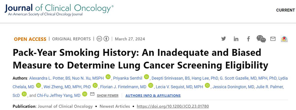 .@alexandra_p_24 led a study in @JCO_ASCO showing that using smoking duration, instead of pack-years, to determine #lungcancerscreening eligibility is more equitable and greatly increases opportunities for early lung cancer detection. ascopubs.org/doi/10.1200/JC…