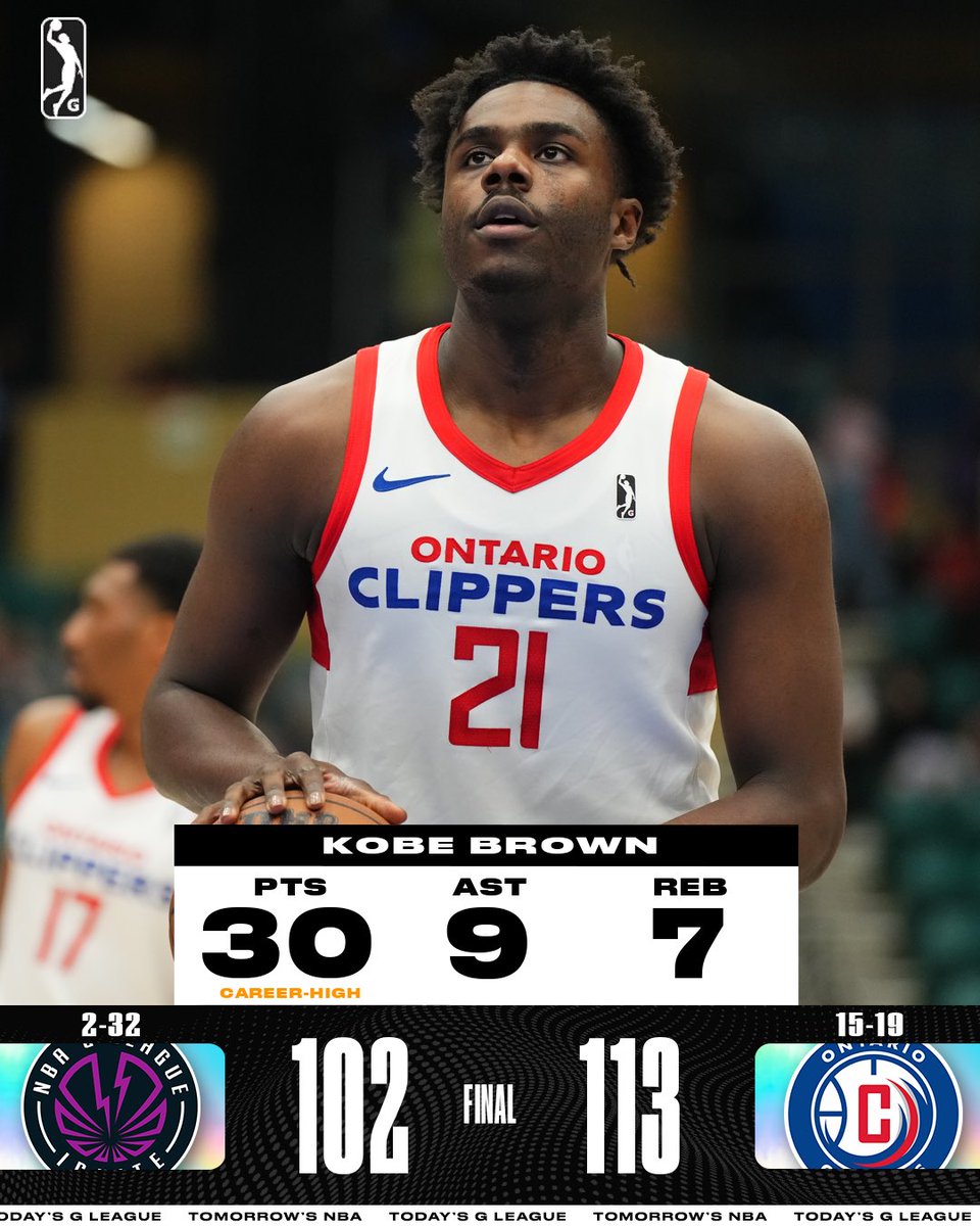 Kobe Brown, Armoni Brooks, and Brodric Thomas scored 26+ PTS apiece to lead the @OntClippers to victory over Ignite in their final game of the regular season! 👏 Brooks: 27 PTS, 10/17 FG, 5/9 3PT 👏 Thomas: 26 PTS, 7 REB, 4 AST