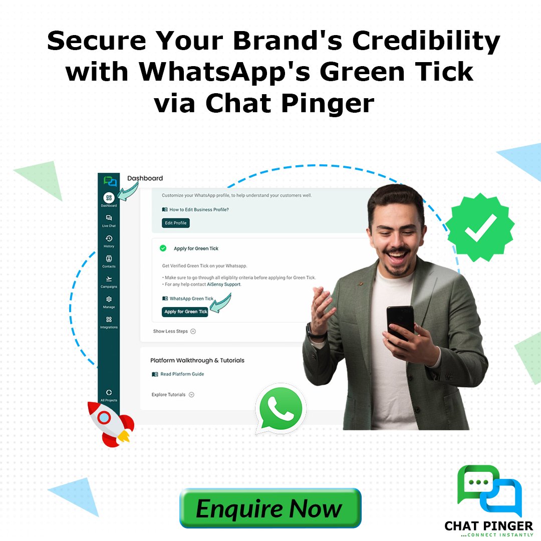 ✅🔒 Elevate Your Brand with WhatsApp's Green Tick 🛡️

🌟 Achieve instant credibility and trust with Chat Pinger's verification service. 🌐

#whatsappmarketing #ChatPinger #marketing #chatbot #businessowners #boostbusiness #whatsappgreentick #verified #verifiedbusiness