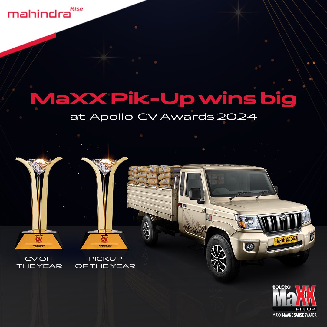Maxx Pik-Up clinches not one, but two prestigious awards at the Apollo Tyres Commercial Vehicle Awards, 'CV of the Year' and 'Pickup of the Year'! Esteemed accolades like these further solidify Maxx Pik-Up's position as India’s No. 1 Pickup. #MaxxMaaneSabseZyaada