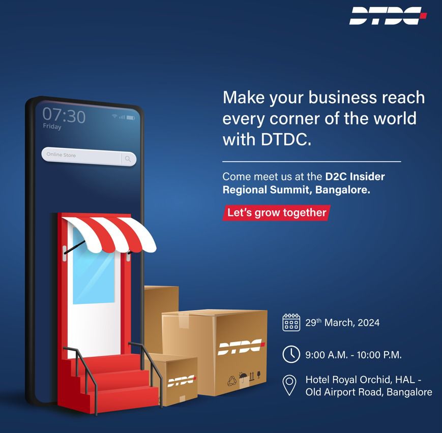 Unlock global opportunities with DTDC! Join us in Bangalore at the D2C Insider Regional Summit to expand your business reach and grow beyond borders. @d2cinsider #D2CSummit #LetsGrowTogether #D2CSummitIndia