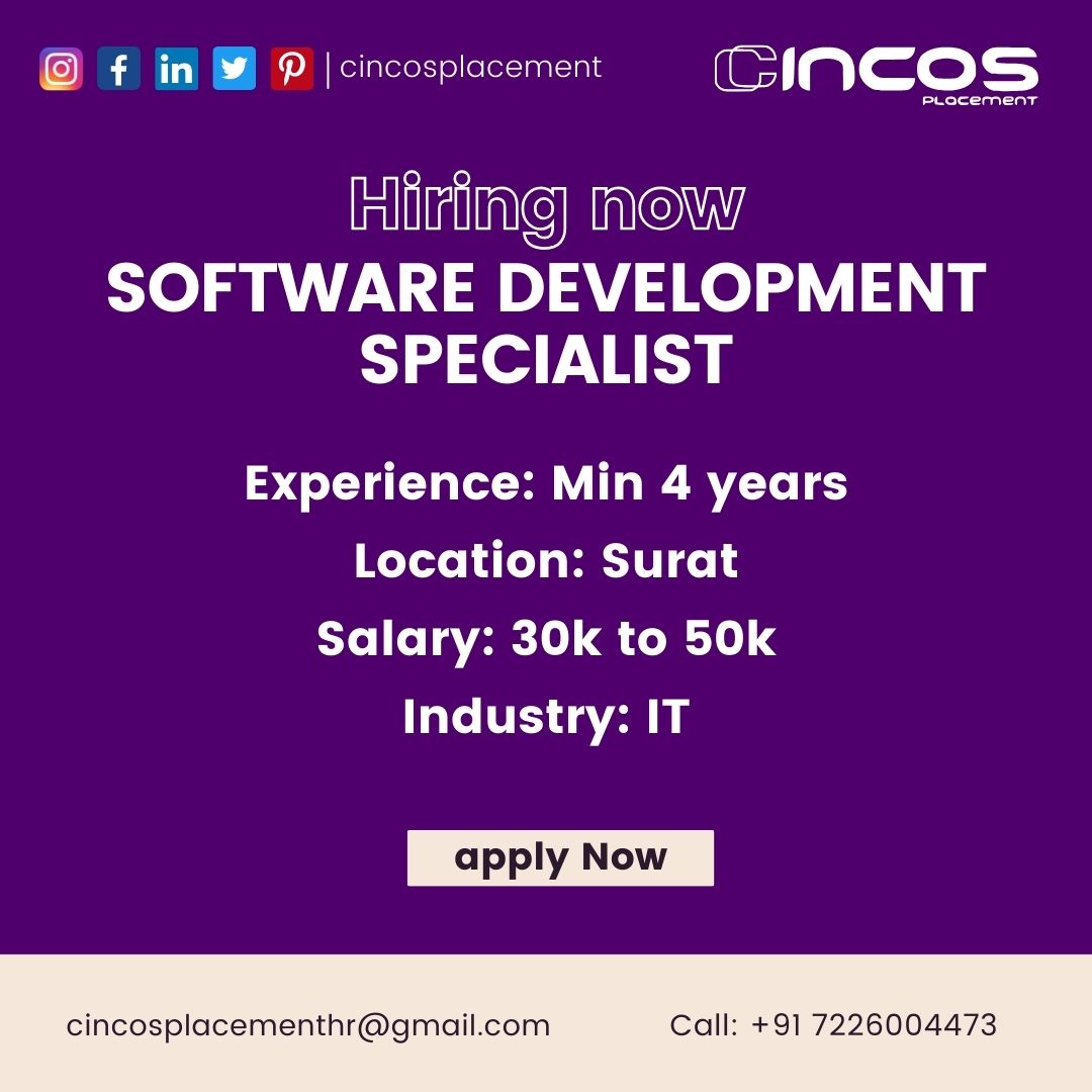 cincosplacement's tweet image. Exciting opportunity for a Software Development Specialist! Join us with the top IT placement company in Surat.
Contact Us: +91 7226004473
#SoftwareDevelopmentSpecialist #SuratJob #CodeMaster #OpportunitiesNearMe #BestITPlacementAgencyInSurat #BestITPlacementConsultancyInSurat