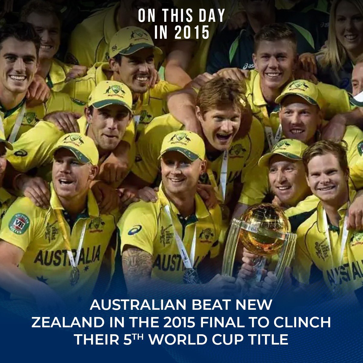 100MasterBlastr's tweet photo. #OnThisDay Australia won their fifth World Cup title. Celebrations became multifold because they won it at home. This was also Michael Clarke’s final ODI game.
#ICC #CWC2015 #CWC https://t.co/ZvJJodCNVG