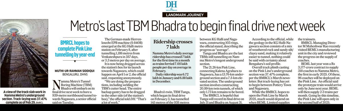 #BengaluruMetro Tunnel Boring Machine Bhadra set to start final drive (939m, KG Halli-Nagavara) on April 1 or 2. TBM Tunga tunnels 145m out of 938m in its final drive. Both machines complete final drives by year-end. #PinkLine opens in H2 of 2025. @WF_Watcher @NammaBengaluroo