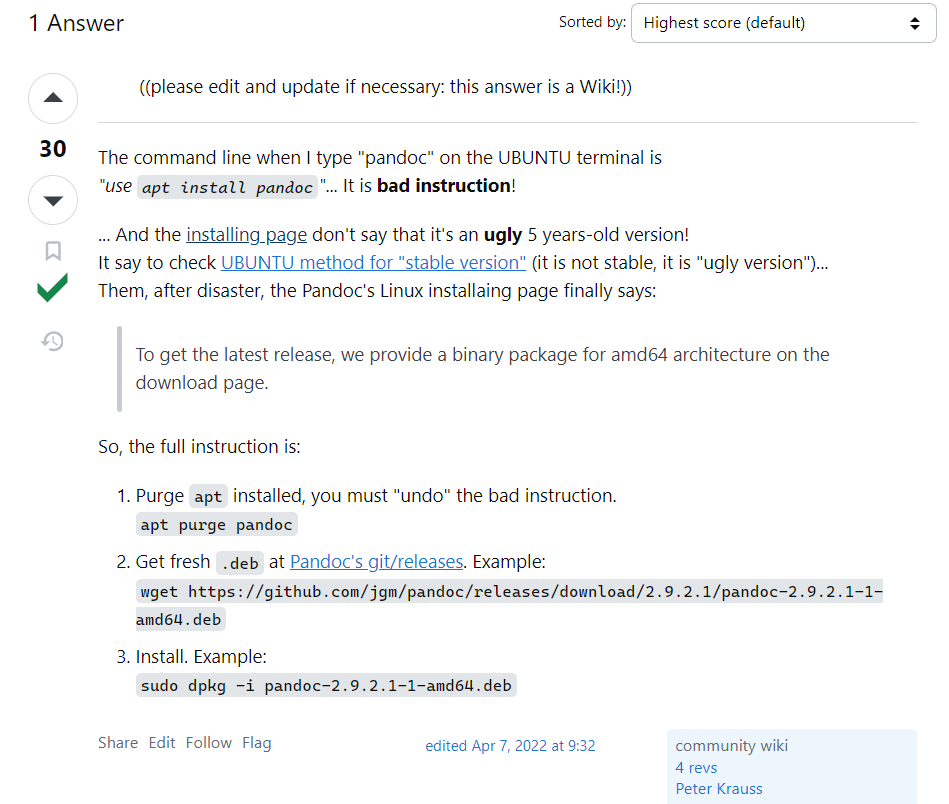 SiddharthCoding's tweet image. Why can't I install #pandoc with just sudo apt install pandoc?
Instead I have to get it manually like this
