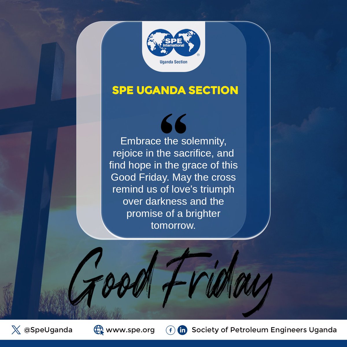 SpeUganda's tweet photo. May the solemnity of Good Friday remind us of the immense love and sacrifice of Jesus Christ. Wishing our members a reflective and blessed Good Friday. https://t.co/DausbcXk5O